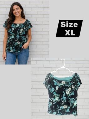 Women's Floral Tie-Accent Scoop Neck Top - Black & Teal Size XL